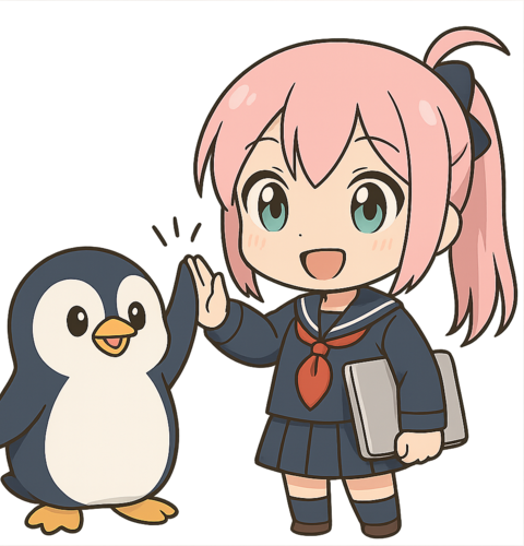 Linux学習で成功体験を得る女性とペンギンのハイタッチ