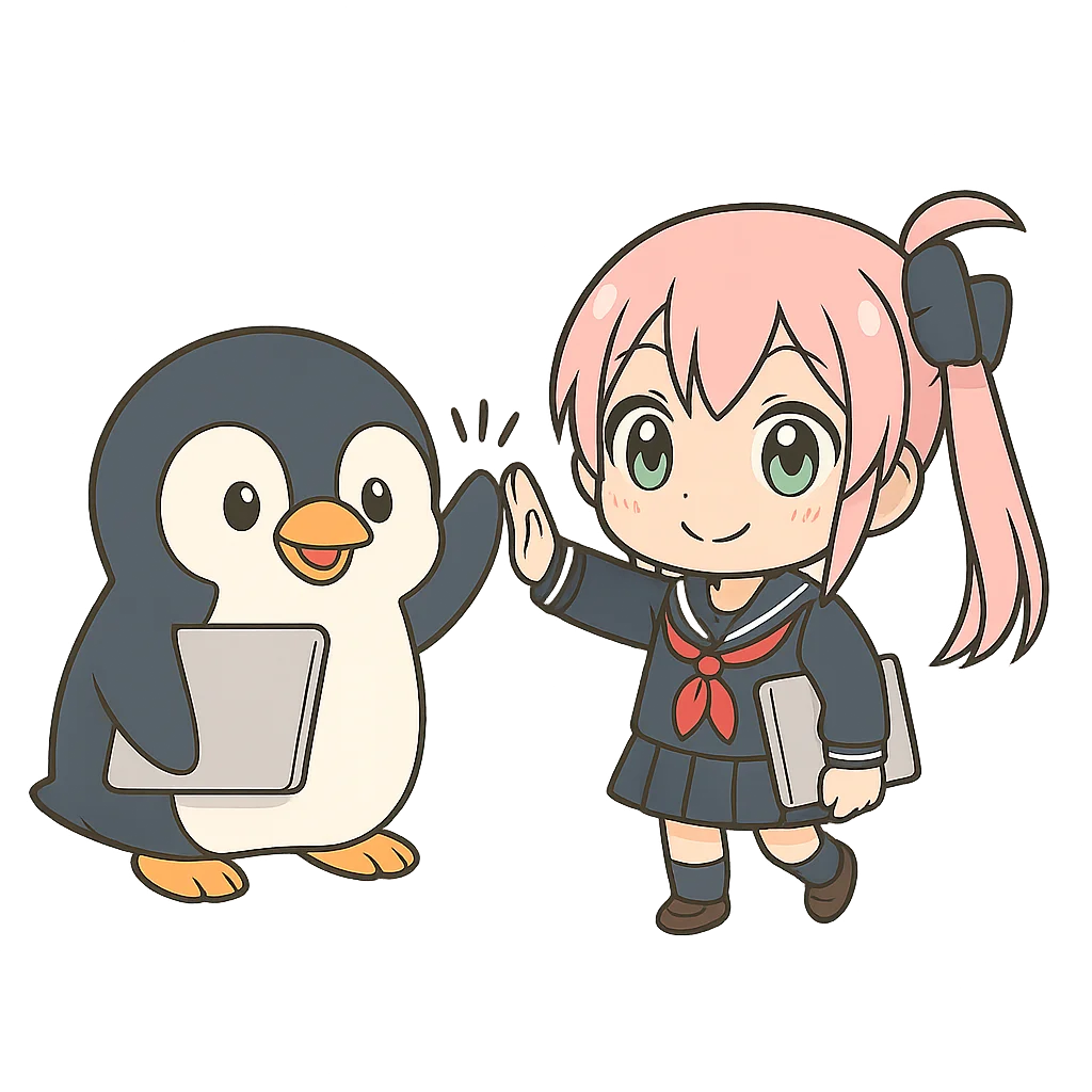 Mulher e pinguim batendo as mãos após subir de nível