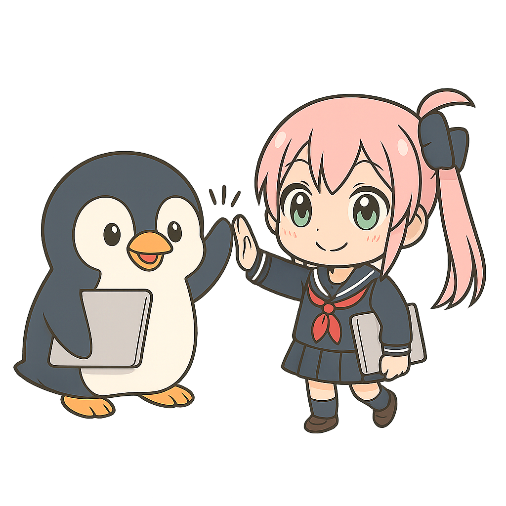 Linux学習でレベルアップした女性とペンギンのハイタッチ
